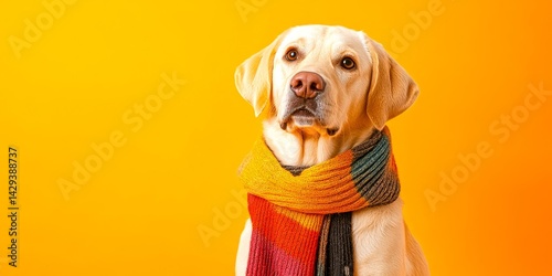 Obraz na płótnie A charming yellow labrador dog wearing a colorful scarf poses against a bright orange background. This delightful image captures warmth and joy. Ideal for pet lovers and cheerful art. AI w salonie