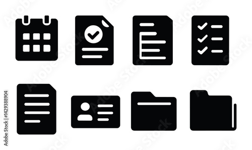 Office and document management solid icon set – filled style business, organization, and administration symbols for productivity: calendar, checklist, document, folder, id card, file, report.