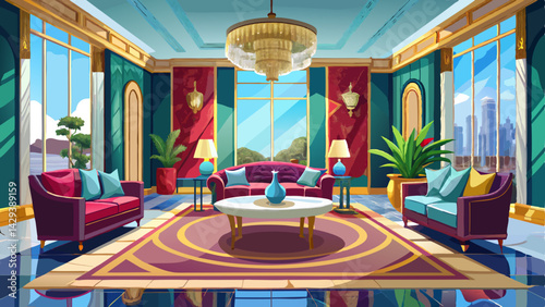 Living room in rich modern home with italian marble floor