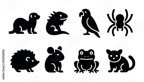 Zoo animals silhouette icon set - solid style wildlife, nature, and conservation symbols: otter, iguana, parrot, spider, hedgehog, mouse, frog, lemur.