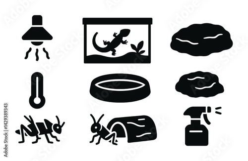 Reptile care solid icon set – silhouette style terrarium, habitat, and pet equipment symbols: heat lamp, thermometer, lizard tank, cricket, water dish, spray bottle