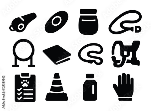 Dog training filled icon set – solid style pet obedience and activity symbols: whistle, frisbee, treat bag, leash, agility tunnel, training book, harness, clipboard.