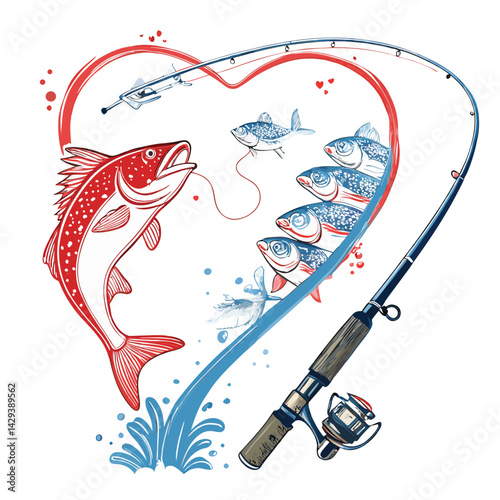 A fishing rod elegantly curved into a heart shape, with several fish leaping joyfully from the water, creating a vibrant and romantic scene.
