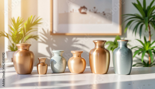 Beautiful collection of cremation urns displayed on a bright table with plants in the background