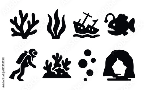 Underwater exploration silhouette icons set – filled style marine life, diving, and ocean symbols for aquatic adventures: coral, seaweed, shipwreck, anglerfish, diver, bubbles, cave.