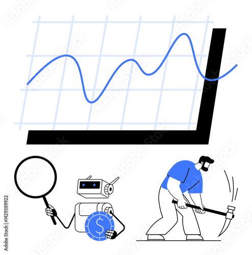 Robot with magnifying glass and coin analyzes crypto trends, miner excavates with pickaxe, graph signals growth. Ideal for finance, blockchain, cryptocurrency, AI, data analysis, market growth