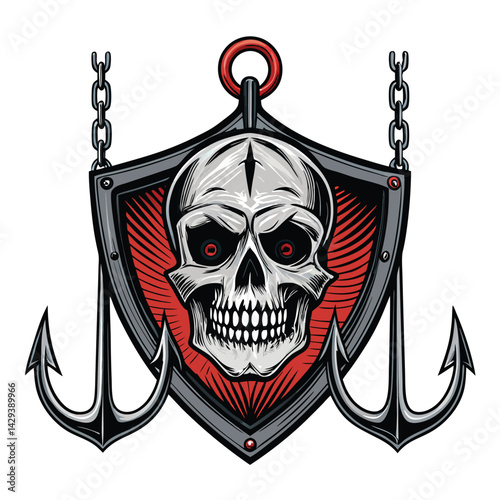 A gothic-style illustration of a human skull, adorned with fishing hooks as earrings, set against a dark, textured background.  Intricate detail is crucial.