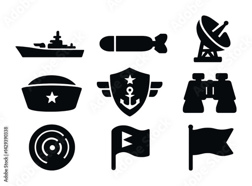 Military and defense solid icons set – silhouette style for security, warfare, and military equipment: battleship, bomb, radar, satellite, navy cap, shield, binoculars, flag.