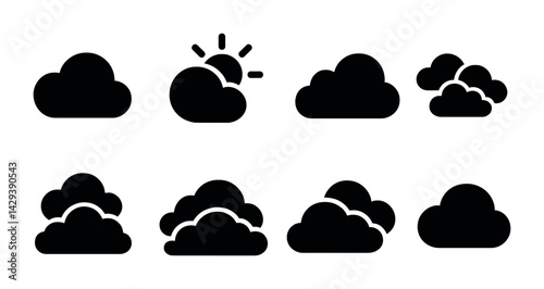Weather and cloud icons collection – solid style meteorology, climate, and forecast symbols: sun behind cloud, cloudy, overcast, cloud formations, partly cloudy