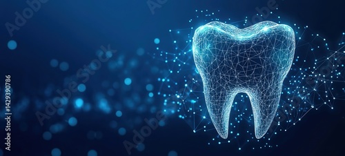 Digital wireframe tooth model with glowing nodes and light particles on dark blue background.