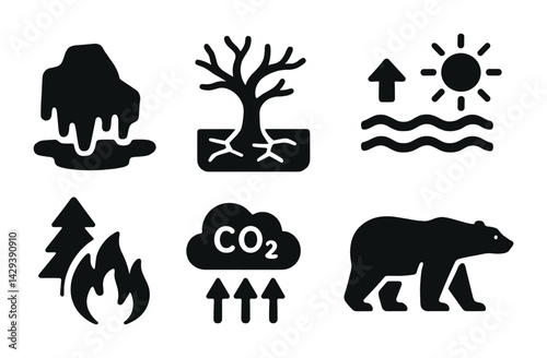 Climate change silhouette icons set – solid style environmental symbols for awareness and sustainability: melting ice, drought tree, rising sea levels, wildfire, co2 cloud, polar bear.