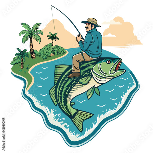 A whimsical illustration of a fish-shaped island, complete with detailed scales and fins, upon which a lone fisherman sits, contentedly fishing.