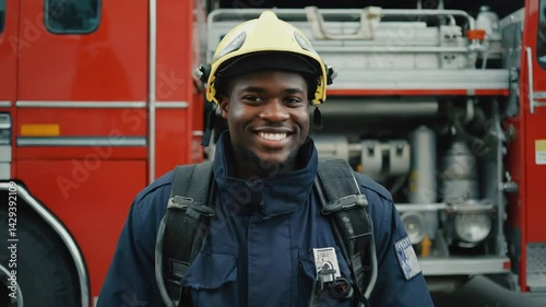 Smiling firefighter in front of firetruck 