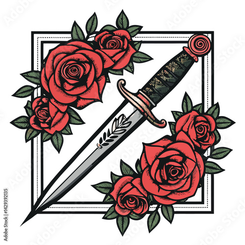 A crimson gothic rose dagger, intricately detailed, pierces a distressed wooden frame, blood-red highlights.