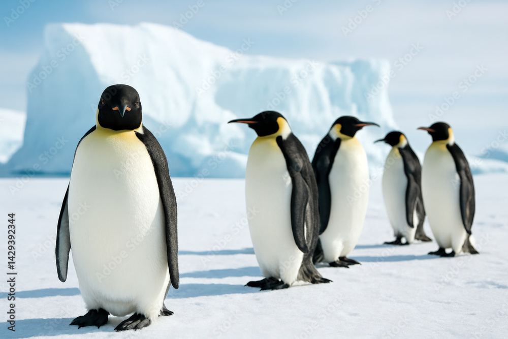 Fototapeta premium A group of Emperor penguins walks across the icy Antarctic landscape with a massive iceberg in the background.