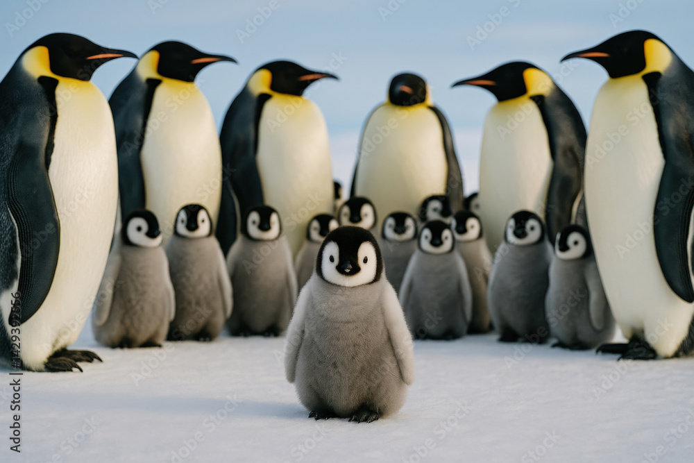 Obraz premium A group of fluffy penguin chicks stands among tall Emperor penguin adults in a cold Antarctic colony scene. 