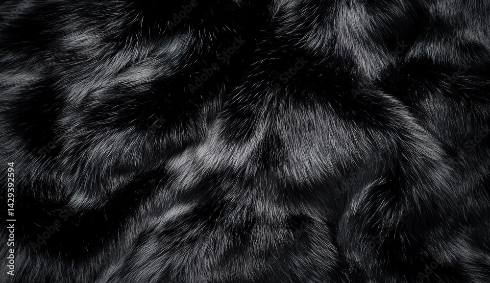 A close-up of black plush fur with dense, glossy texture and natural undulations. A close-up of black plush fur with dense, glossy texture and natural undulations.