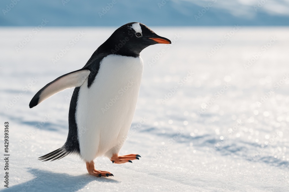 Fototapeta premium A single Gentoo penguin walks across a snow-covered landscape, showcasing survival in extreme Antarctic conditions.