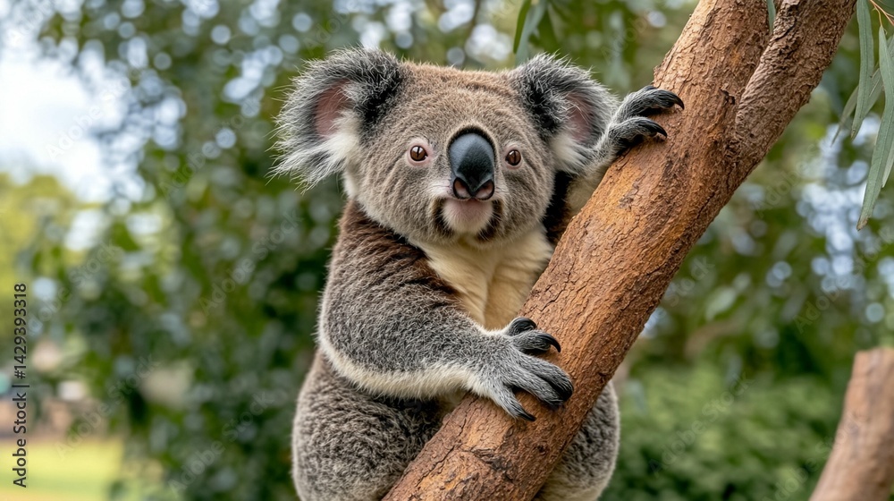 Naklejka premium Adorable koala clinging to tree trunk wildlife photography