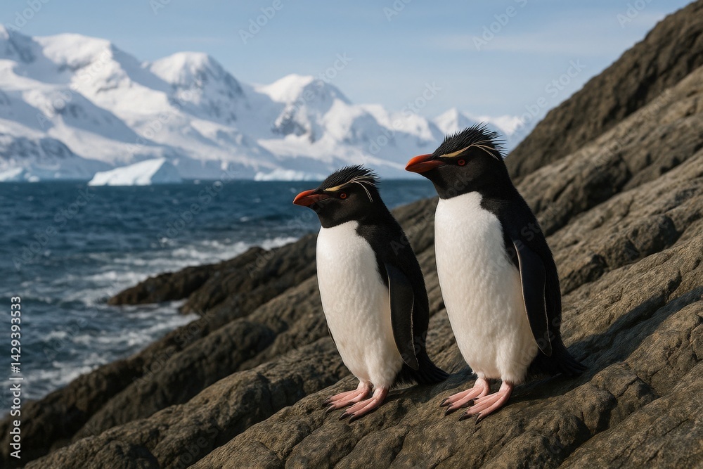 Naklejka premium Two crested penguins stand on rocky shore with snowy Antarctic mountains and ocean in the background, facing the wind. Crested penguins on rocky Antarctic coastline
