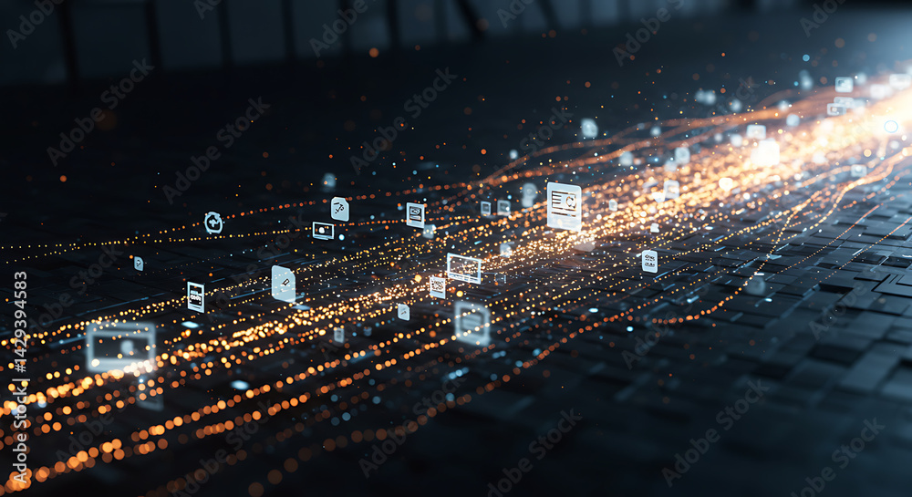 Obraz premium Digital data flow with glowing connections on a dark background 