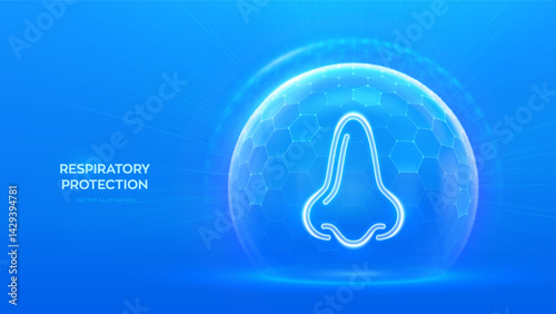 Human nose and respiratory system care. Protection from viruses, dust and allergens. Healthcare. Nose icon inside protection sphere shield with hexagon pattern on blue background. Vector illustration.