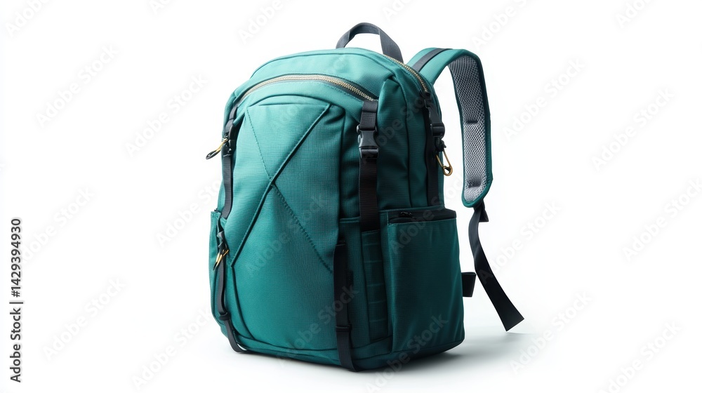 Fototapeta premium Green backpack with abstract geometric graphic, padded straps, sleek zippers, and durable material, isolate on white background