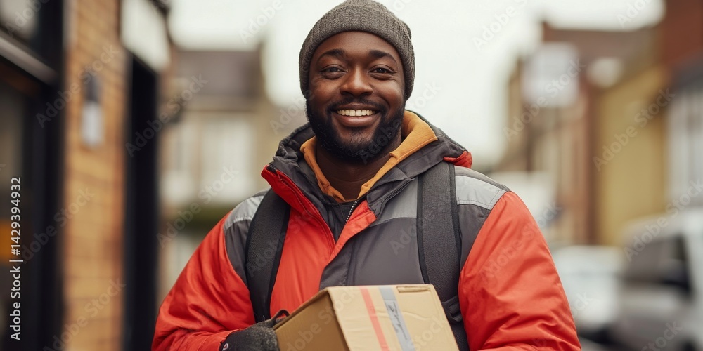 A friendly delivery man smiles while holding a package in his hands. He wears a warm jacket and hat. This image captures the essence of service and connection in urban life. AI