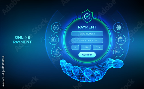 Online payment concept. Online banking digital technology. Online payment via banking application. Online shopping. Financial transaction. Digital interface in wireframe hand. Vector illustration.