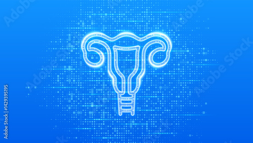 Female reproductive system icon. Female health care, gynecology. Uterus, ovaries. Anatomical structure of woman. Blue medical background made with cross shape symbol. Vector illustration.