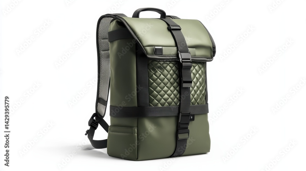 Naklejka premium Urban-inspired green backpack with sleek geometric patterns, padded shoulder straps, and reflective accents, isolate on white background