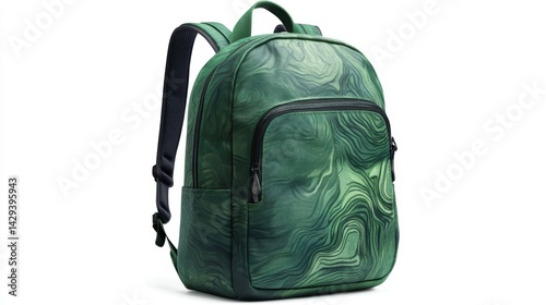 Graphic green backpack with digital art print, ergonomic shoulder straps, and sleek compartments, isolate on white background photo