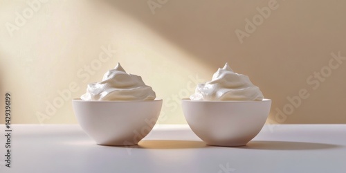 Two elegant bowls filled with fluffy whipped cream sit gracefully on a bright countertop. The soft texture of the cream invites indulgence. Perfect for dessert styling. AI