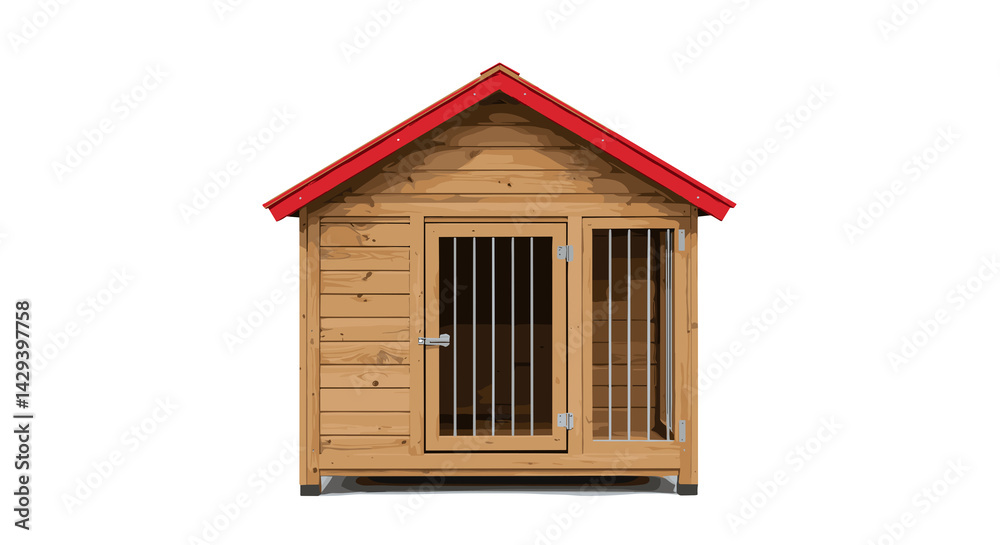 Wooden dog kennel with a red roof and bars, pet house design, isolated on white background, copy space Wooden dog kennel with a red roof and bars, pet house design, isolated on white background, copy space