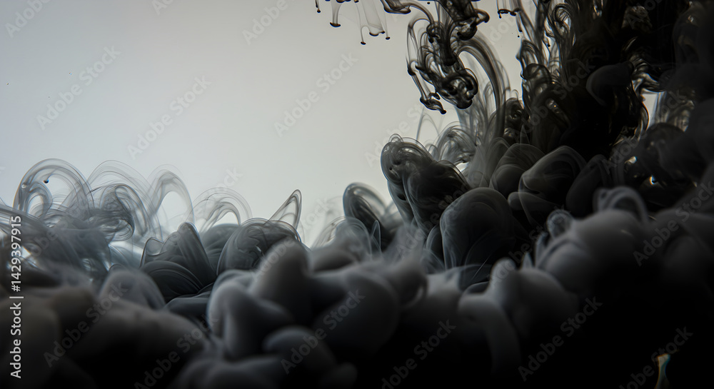 Obraz premium Monochrome Dispersion Ink Clouds Rising in Serene Calm Water Abstract
