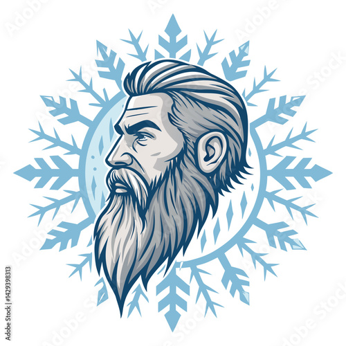 A majestic frost giant's head, colossal and weathered,  featuring a magnificent beard intricately sculpted from sharp, glistening icicles.