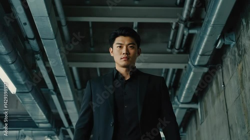 Wallpaper Mural Serious Asian man in a dark suit standing in an industrial interior looking toward camera, surrounded by pipes and raw concrete Torontodigital.ca