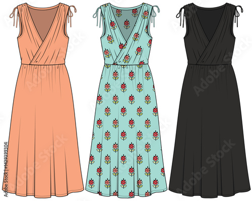 MIDI LENGTH DRESS WITH WRAP AND SHOULDER TIE UP DETAIL DESIGNED FOR YOUNG WOMEN AND WOMEN IN VECTOR FILE