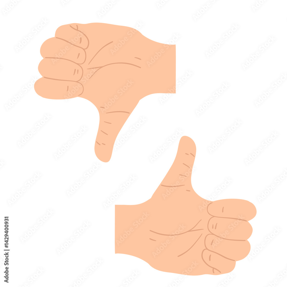 Signs no or negative and ok, yes, positive. Thumbs down dislike and up like Signs no or negative and ok, yes, positive. Thumbs down dislike and up like