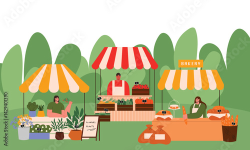 Farmers market flat vector illustration. Street market fair. Outdoor market stalls. Market kiosks with bakery, vegetables, fruits, plants.