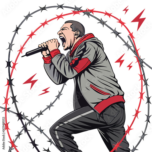 A passionate hardcore punk frontman, sweat dripping, screams ferociously into a moshing crowd, microphone in hand, intense facial expression, dimly lit stage.