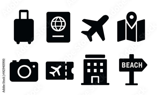 Travel and tourism icon set - solid style for vacation planning, adventure, and transport: suitcase, passport, airplane, map, camera, ticket, hotel, beach sign