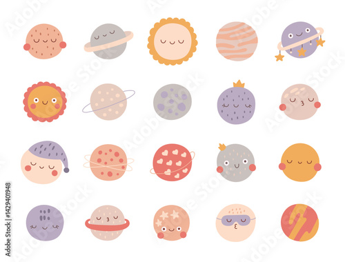 Cute cartoon planets with smiley faces and sleepy characters in bohemian and scandinavian kawaii illustration style for kids