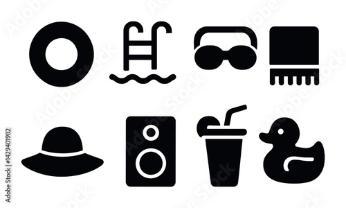 Summer pool party solid icon set – flat style swimming, fun, and relaxation symbols for event planning: pool float, ladder, goggles, towel, sunhat, speaker, drink, duck.