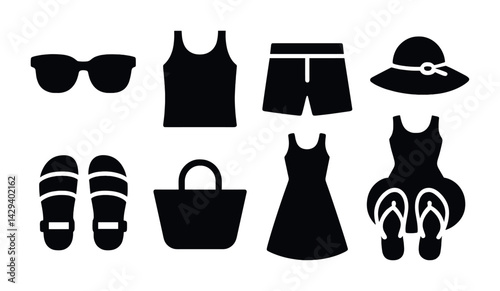 Summer fashion solid icons set – minimalist style beachwear, accessories, and travel symbols: sunglasses, tank top, shorts, sunhat, sandals, bag, dress, flip-flops