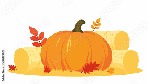 Pumpkin among hay bales with autumn leaves  