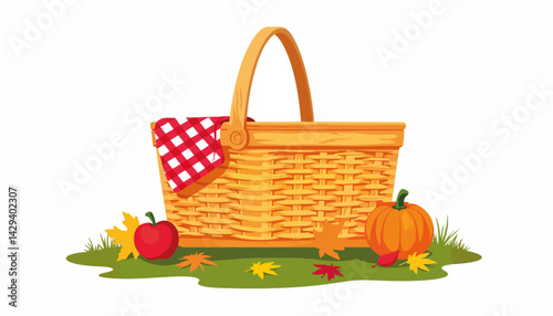 Autumn picnic basket with fruits and leaves on green grass  
