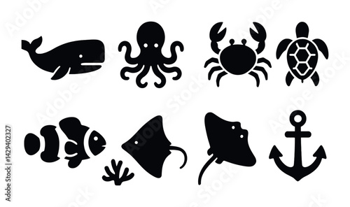 Marine life silhouette icons set – solid style ocean, sea creatures, and aquatic symbols for nautical design: whale, octopus, crab, turtle, fish, ray, anchor, coral.