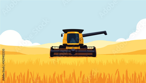 Agricultural combine harvester working in golden wheat field  