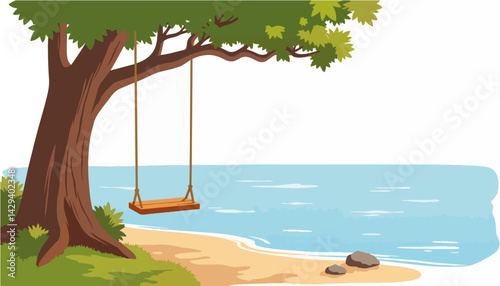 Relaxing swing under a tree by the tranquil water  